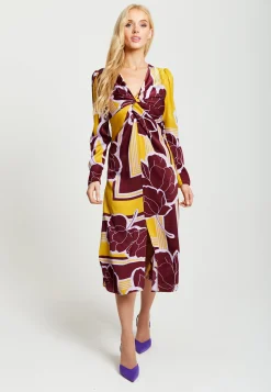 Women's Midi Dress with Long Sleeves in Mustard and Burgundy - Geometric Floral Print by Liquorish