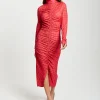 Women’s Midi Dress with Long Sleeves in Distorted Houndstooth Print and Ruching Detail - Liquorish