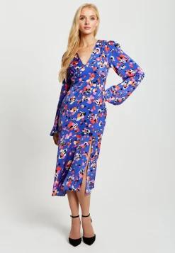 Women's Midi Dress with Long Balloon Sleeves in Multicolour Abstract Dot Print - Liquorish