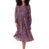 Women's Midi Dress with Long Sleeves in Divine Grace Purple Floral Smock Style by Liquorish