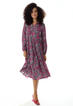 Women's Midi Dress with Long Sleeves in Divine Grace Purple Floral Smock Style by Liquorish