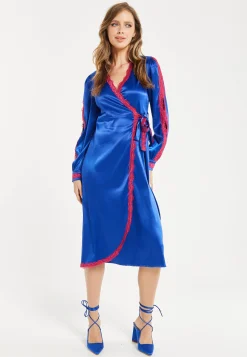 Women's Midi Dress with Long Sleeves in Royal Blue Satin - Elegant Wrap Style by Liquorish