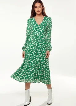 Women's Midi Dress with Long Sleeves in Green - Floral & Heart Print by Liquorish