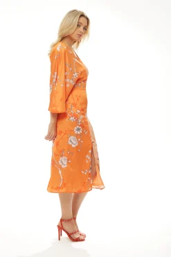 Women's Midi Dress with Long Kimono Sleeves in Orange Oriental Print - Liquorish