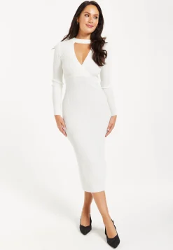 Women’s Midi Dress with Long Sleeves in White - Cut Out Front Ribbed Knit Design by Liquorish