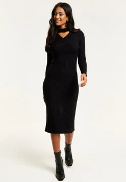 Women's Midi Dress with Long Sleeves and Cut Out Front in Black - Cable Knit Style by Liquorish