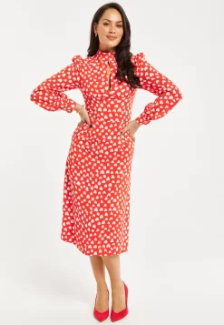 Women's Midi Dress with Long Balloon Sleeves in Red - Heart Print Elegance by Liquorish