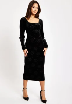 Women's Midi Dress with Long Balloon Sleeves in Black Velvet - Corset Detail by Liquorish