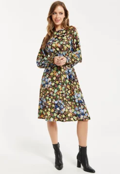 Women's Midi Dress with Long Balloon Sleeves in Floral Print and Smock Waist - Liquorish