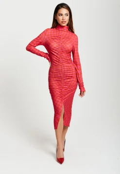 Women’s Midi Dress with Long Sleeves in Distorted Houndstooth Print and Ruching Detail - Liquorish