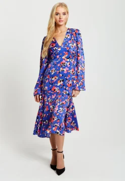Women's Midi Dress with Long Balloon Sleeves in Multicolour Abstract Dot Print - Liquorish