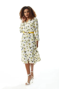 Women's Midi Dress with Long Sleeves in White and Yellow Floral Print, Perfect for Spring - Liquorish
