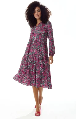 Women's Midi Dress with Long Sleeves in Divine Grace Purple Floral Smock Style by Liquorish