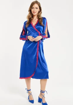 Women's Midi Dress with Long Sleeves in Royal Blue Satin - Elegant Wrap Style by Liquorish