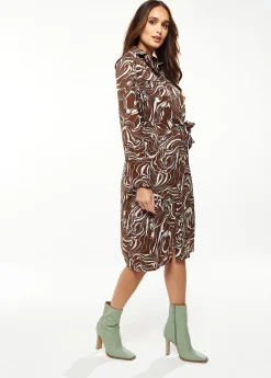 Women’s Midi Dress with Long Sleeves in Brown - Stylish Scribble Print by Liquorish