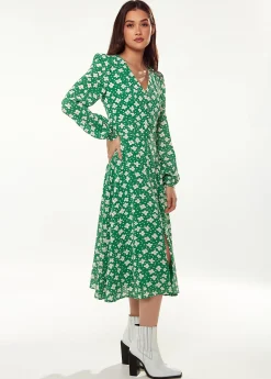 Women's Midi Dress with Long Sleeves in Green - Floral & Heart Print by Liquorish