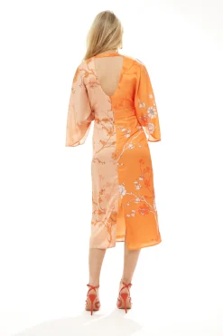 Women's Midi Dress with Long Kimono Sleeves in Orange Oriental Print - Liquorish