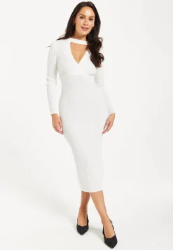 Women’s Midi Dress with Long Sleeves in White - Cut Out Front Ribbed Knit Design by Liquorish