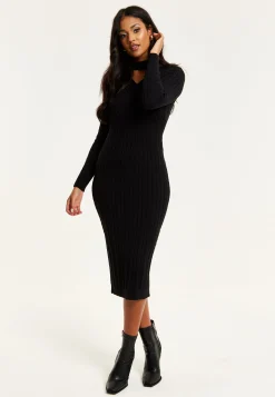 Women's Midi Dress with Long Sleeves and Cut Out Front in Black - Cable Knit Style by Liquorish