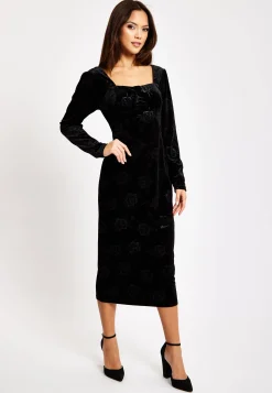 Women's Midi Dress with Long Balloon Sleeves in Black Velvet - Corset Detail by Liquorish