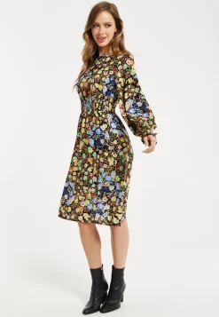 Women's Midi Dress with Long Balloon Sleeves in Floral Print and Smock Waist - Liquorish