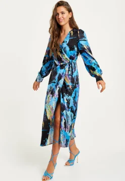 Women's Midi Dress with Long Sleeves in Multicolour Abstract Print - Stylish Wrap Design by Liquorish