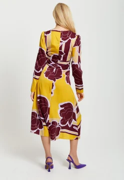 Women's Midi Dress with Long Sleeves in Mustard and Burgundy - Geometric Floral Print by Liquorish