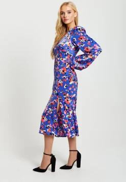 Women's Midi Dress with Long Balloon Sleeves in Multicolour Abstract Dot Print - Liquorish