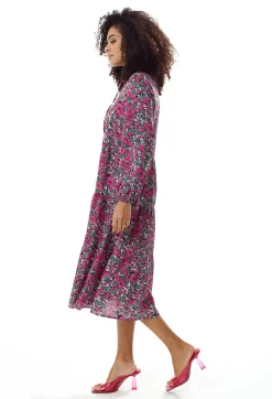 Women's Midi Dress with Long Sleeves in Divine Grace Purple Floral Smock Style by Liquorish
