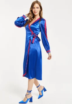 Women's Midi Dress with Long Sleeves in Royal Blue Satin - Elegant Wrap Style by Liquorish