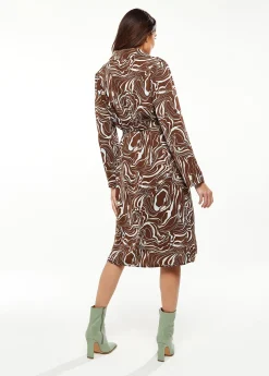 Women’s Midi Dress with Long Sleeves in Brown - Stylish Scribble Print by Liquorish