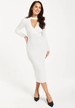 Women’s Midi Dress with Long Sleeves in White - Cut Out Front Ribbed Knit Design by Liquorish