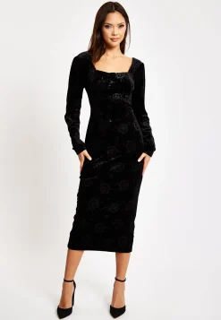 Women's Midi Dress with Long Balloon Sleeves in Black Velvet - Corset Detail by Liquorish