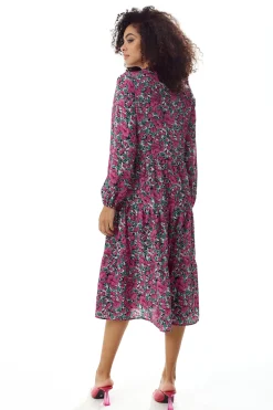 Women's Midi Dress with Long Sleeves in Divine Grace Purple Floral Smock Style by Liquorish