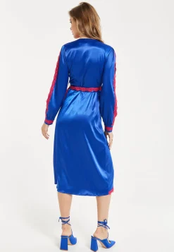 Women's Midi Dress with Long Sleeves in Royal Blue Satin - Elegant Wrap Style by Liquorish