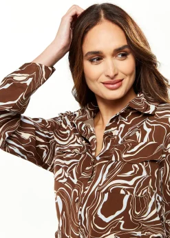 Women’s Midi Dress with Long Sleeves in Brown - Stylish Scribble Print by Liquorish