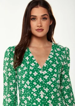 Women's Midi Dress with Long Sleeves in Green - Floral & Heart Print by Liquorish