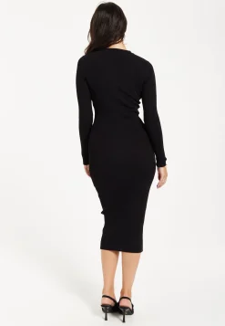 Women's Midi Dress with Long Sleeves and Cut Out Front in Black - Stylish Ribbed Knit by Liquorish