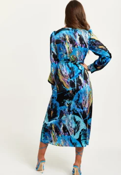 Women's Midi Dress with Long Sleeves in Multicolour Abstract Print - Stylish Wrap Design by Liquorish