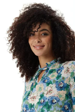 Women's Midi Dress with Long Sleeves - Divine Grace Blue Floral Smock Style - Relaxed Fit, Tie Neck - Liquorish