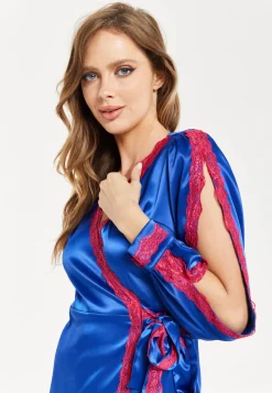 Women's Midi Dress with Long Sleeves in Royal Blue Satin - Elegant Wrap Style by Liquorish
