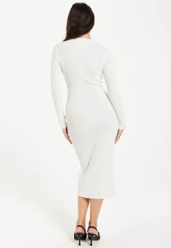 Women’s Midi Dress with Long Sleeves in White - Cut Out Front Ribbed Knit Design by Liquorish