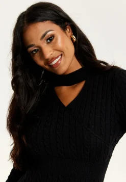 Women's Midi Dress with Long Sleeves and Cut Out Front in Black - Cable Knit Style by Liquorish