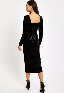 Women's Midi Dress with Long Balloon Sleeves in Black Velvet - Corset Detail by Liquorish