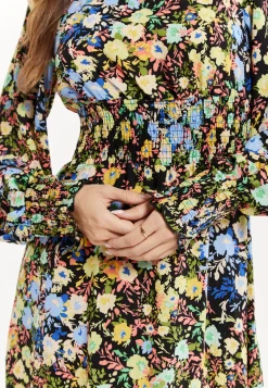 Women's Midi Dress with Long Balloon Sleeves in Floral Print and Smock Waist - Liquorish