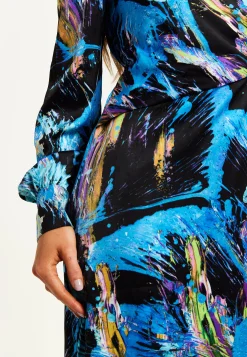 Women's Midi Dress with Long Sleeves in Multicolour Abstract Print - Stylish Wrap Design by Liquorish