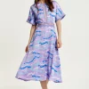 Women's Midi Dress with Mesh Detail in Lilac - Abstract Zebra Print, Short Sleeves, Stylish and Chic by Liquorish