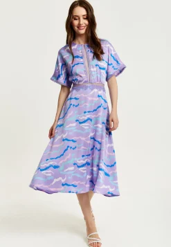 Women's Midi Dress with Mesh Detail in Lilac - Abstract Zebra Print, Short Sleeves, Stylish and Chic by Liquorish