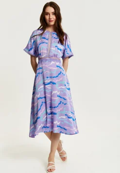 Women's Midi Dress with Mesh Detail in Lilac - Abstract Zebra Print, Short Sleeves, Stylish and Chic by Liquorish