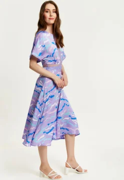 Women's Midi Dress with Mesh Detail in Lilac - Abstract Zebra Print, Short Sleeves, Stylish and Chic by Liquorish
